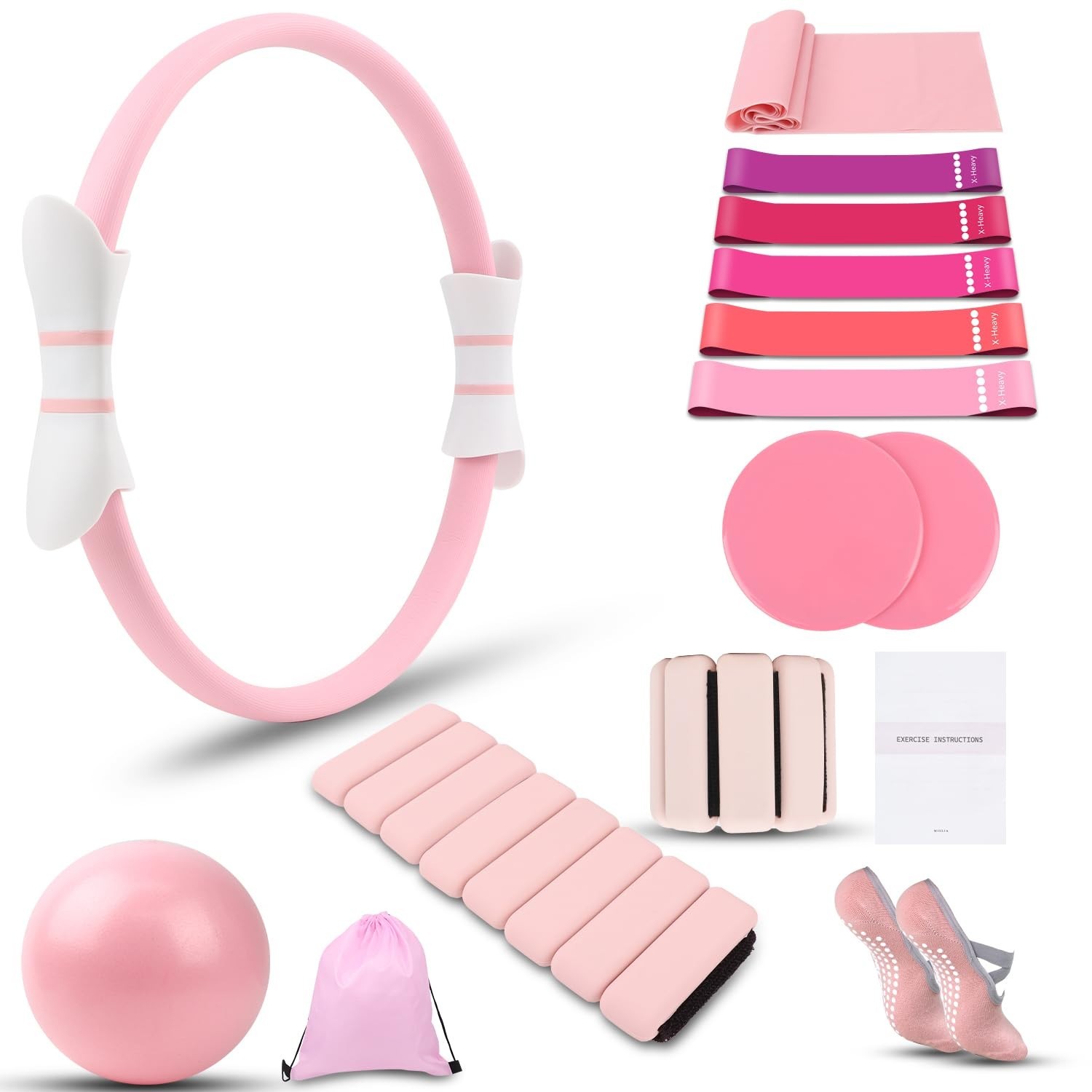 16 PCS Pink Pilates Ring & Ball Set, 15" Magic Circle, Home 