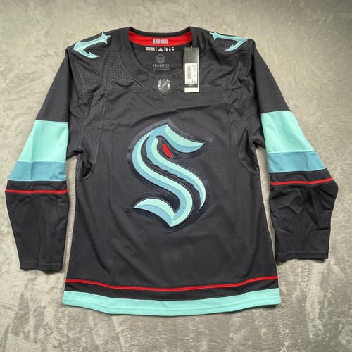 Seattle Kraken Jersey Mens 50 Black Blue NHL Adidas Primegreen Home Fight Strap