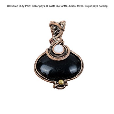 Black Onyx Stone Rainbow Moonstone Artisan Handcrafted Pendant Jewelry Copper