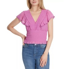 Jessica Simpson Womens Lilianna Smocked Ruffle Top RADIANT ORCHID Size L NWT