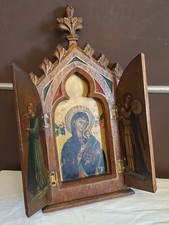 ANCIEN TRIPTYQUE MURAL BOIS CHENE PEINTURE/LA VIERGE/ANGES/H.36cm/AUTEL/EGLISE