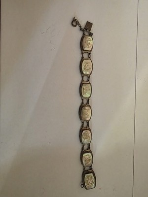 Vintage Carved Shell Cameo Roman Chariots 7 Panels Sterling 925 Silver Bracelet