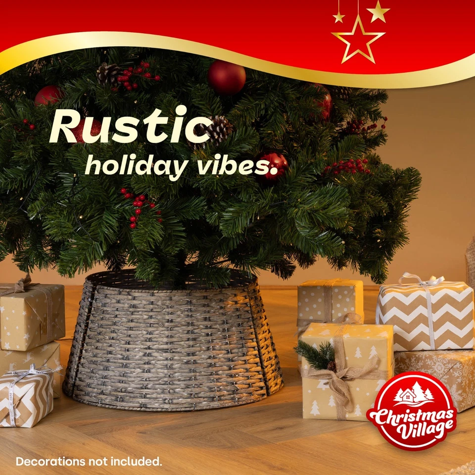 Natural Wicker Tree Skirt by Christmas Village Handcrafted Round Design - Image 2 of 4