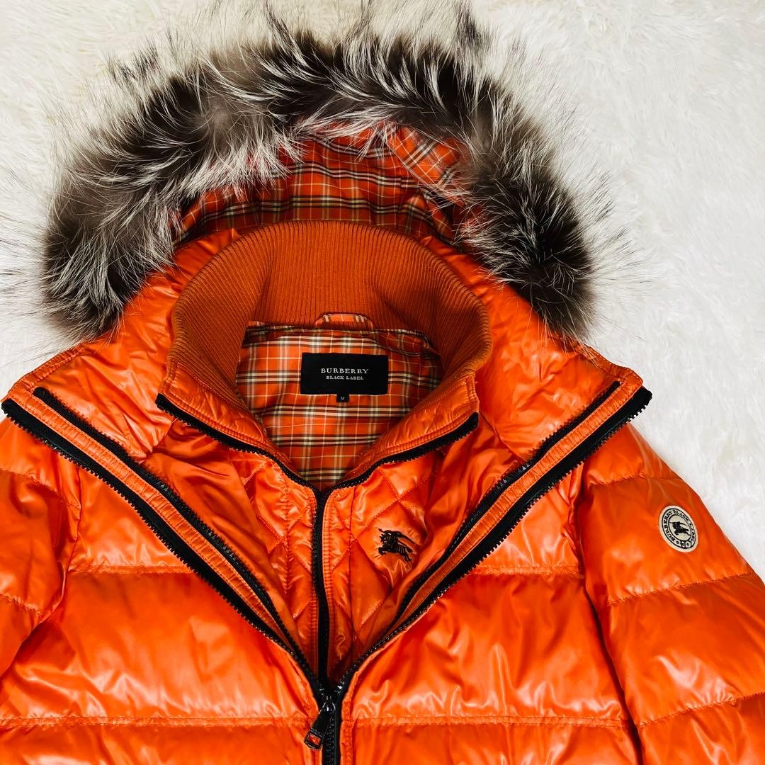 Burberry Black Label Down Jacket Nova Check Fur-Trim Orange Used thumbnail 2