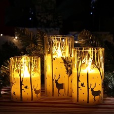Silver Reindeer Design Glass Battery Operated LED Candles with 6H Timer, Chri...
