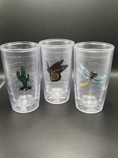 Vintage Set of 3 Tervis 16 oz Double Walled Tumblers Dragonfly Cactus Butterfly