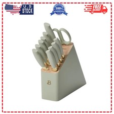 12pc Sage Green Stainless Steel Knife Block Set with Soft Grip Handles