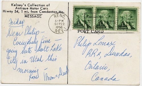 Kelsey Cars in Camdenton MO Vintage Postcard from Reno NV to Dundas Canada 1956 - Picture 2 of 2