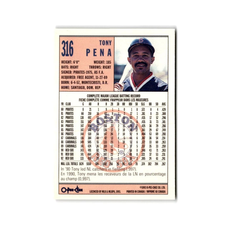 Tony Pena 1993 O-Pee-Chee #316 Boston Red Sox Baseball Card NM - Image 2 of 3