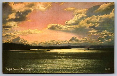 Postcard Sunset on Puget Sound northwestern coast of state of Washington F 16