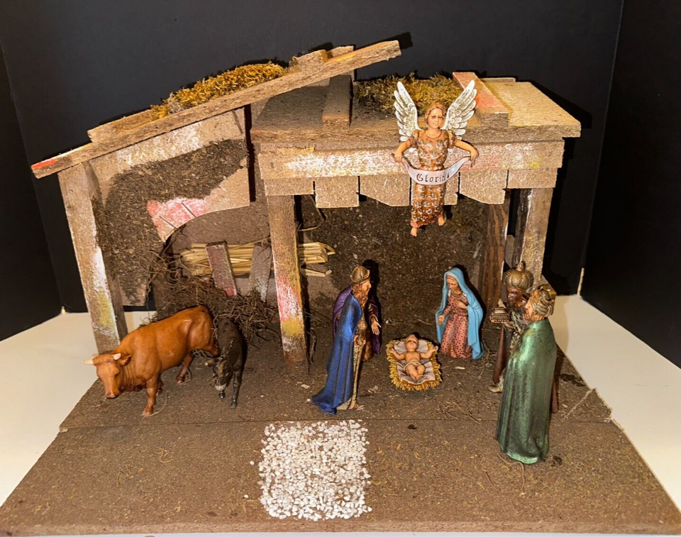 Vintage Sears Nativity Set 9 Figures Wood Stable Made In Italy 97893