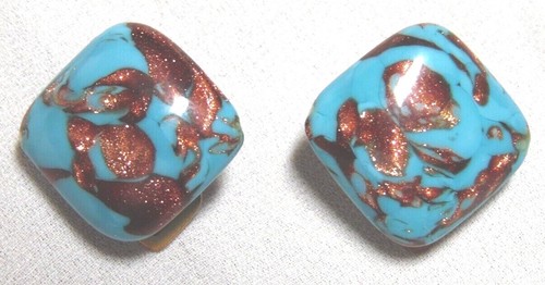 VINTAGE ITALIAN AVENTURINE MURANO GLASS COPPER FOIL CLIP ON EARRINGS~ MADE ITALY