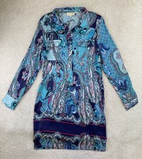 Mascara Dress Women's 8 EU 42 Blue Paisley Silk Button Up Front Collared