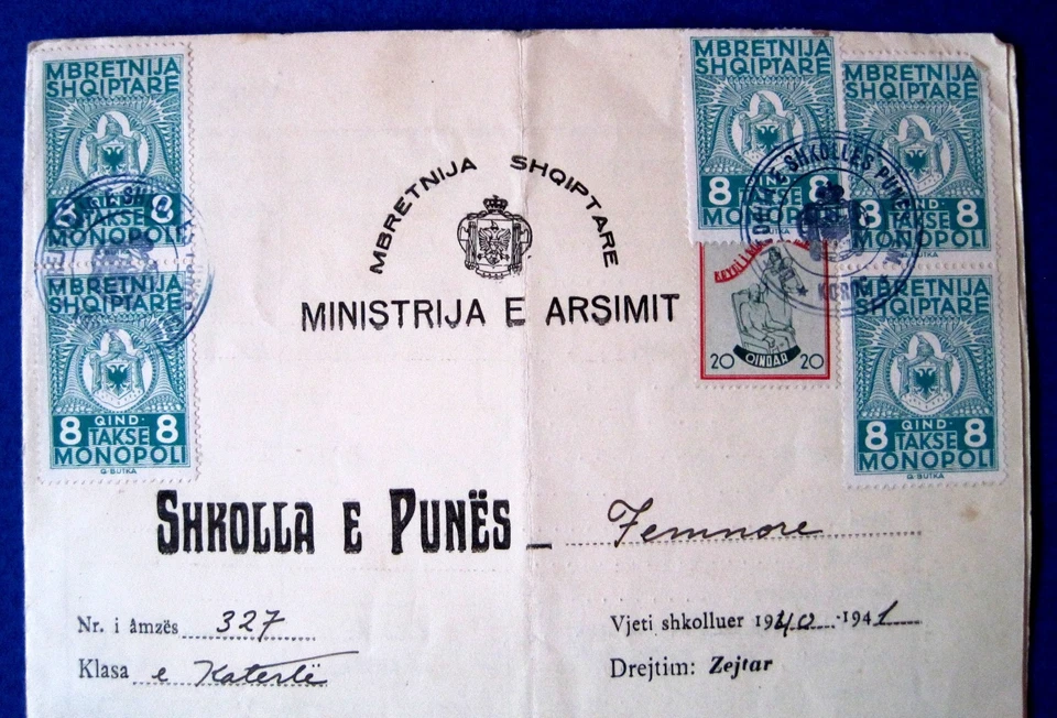 Vintage Albanian School Booklet 1940–1941 – 6 Monopol Tax Stamps & Red Cross - Image 3 of 4