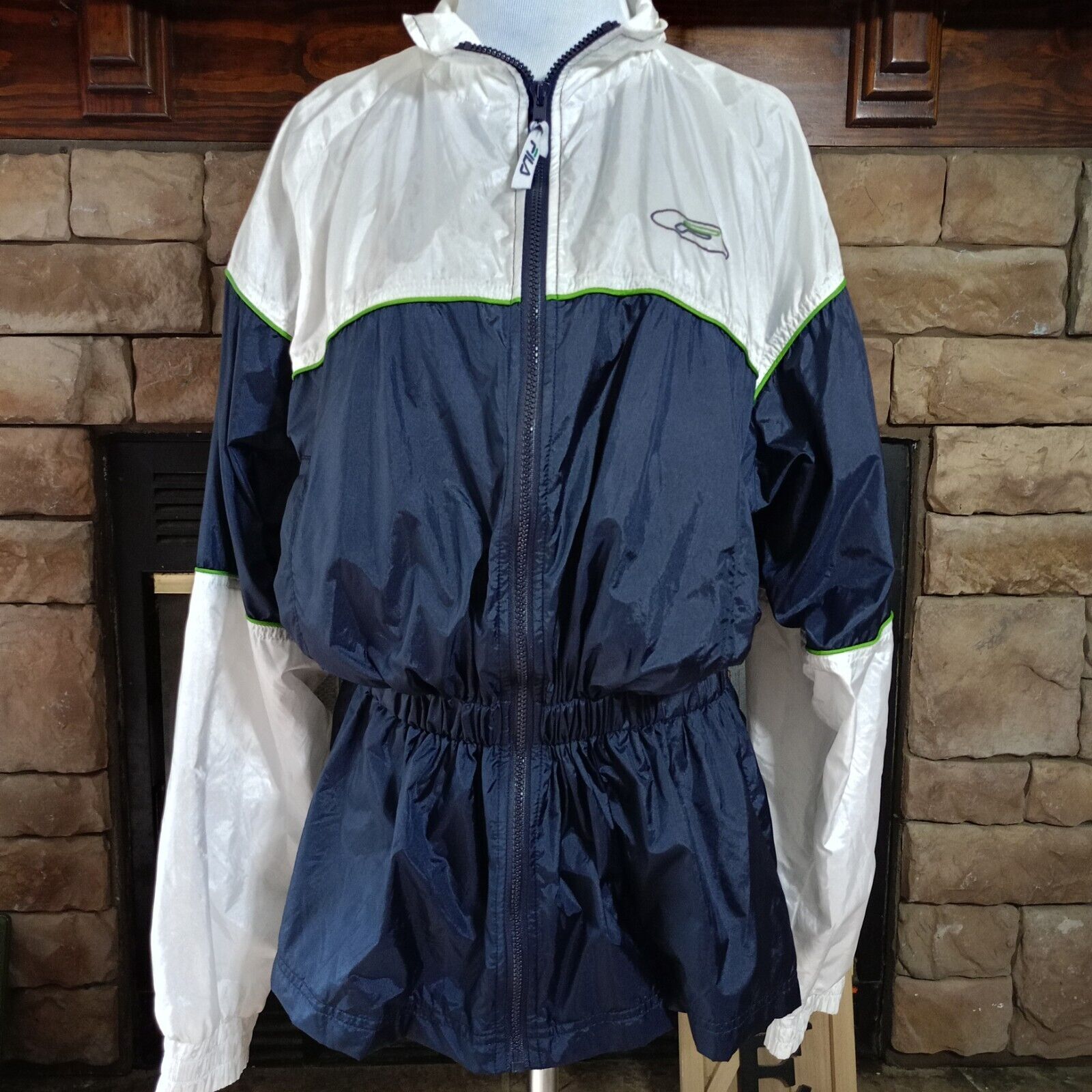 Giacca nylon FILA vintage anni 90 donna bianco blu cinch vita taglia XL