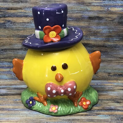 Cracker Barrel Cookie Jar Yellow Chic Bow & Purple Hat Easter Decor Candy Treats