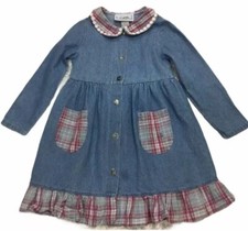 VINTAGE/VTG L.A. Chic Girls Blue Jean Denim Dress 90  s Size 5 Plaid Ruffle l/s