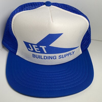 Vintage JET BUILDING SUPPLY Snapback Trucker Hat Cap Foam Screen Print Lid Blue