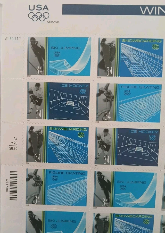 Hoja de estampillas postales de colección 2001 deportes de invierno patinaje hockey Estados Unidos MNH Scott #3552-55 Foto 2 de 4