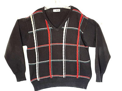 Vintage Pringle Scotland Sweater, Men's XL Black & Block Pattern Cotton V Neck