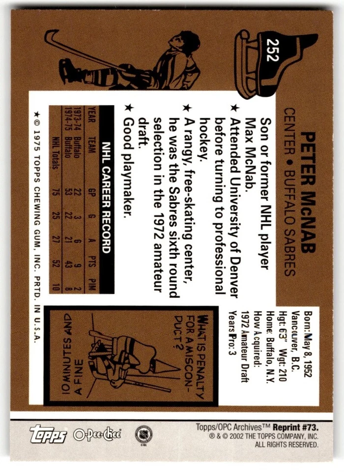 Peter McNab 2001-02 Topps / O-Pee-Chee Archives #73 Buffalo Sabres - Image 2 of 2