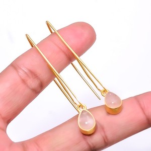 Authentic Pink Rose Quartz- Brazil Gold Plated 925 Sterling Silver Earring 2.46 E14