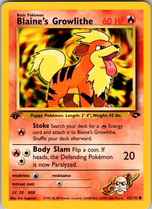 Blaine's Growlithe 62/132 Common Gym Challenge Pokemon 1st Edition Near Mint