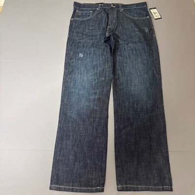 NWT Marc Ecko Straight Jeans Mens 34x32 Blue Smogwash Distressed Cotton
