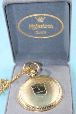 MAJESTRON GOLD TONE QUARTZ POCKET WATCH WITH CHAIN 1968 NEEDS BATTERY