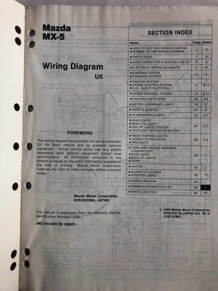 Mazda MX-5 NA Wiring Diagram Factory Manual Mazda Original 1989 MX 5 MX5 UK - Image 2 of 4