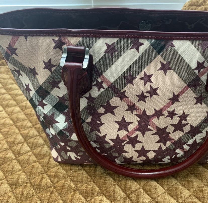 Burberry Star Print Checkered Patent Leather Trim Burgundy Tote Bag thumbnail 2
