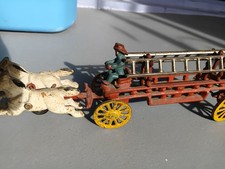 Vintage Antique Cast Iron Toy - Fire Truck driven by Horses, ladders, Fireman