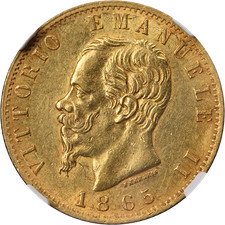 1865 T BN Italy Gold 20 Lire NGC AU Details - Removed from Jewelry