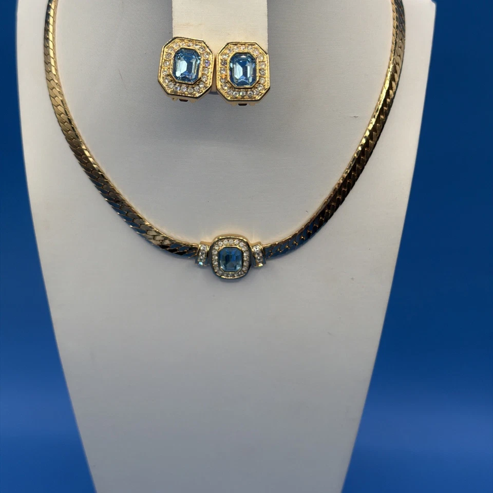 迪奥金色珠宝套装项链耳环蓝色宝石 — 第 3/4 张图片