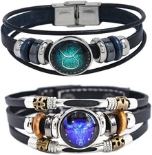2Pcs Multilayer Constellation Zodiac Leather Bracelet Handmade Woven Zodiac Sign