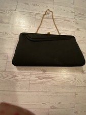 Vintage Black Satin Evening Bag Gold Chain Handle Convertible Clutch