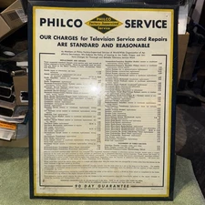 Vintage (1976) PHILCO SERVICE Framed Price Chart For Radio Repairs
