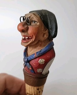 Vintage Anri Jolly Man Glasses Teeth Stocking Cap Carved Wood Bottle Stopper