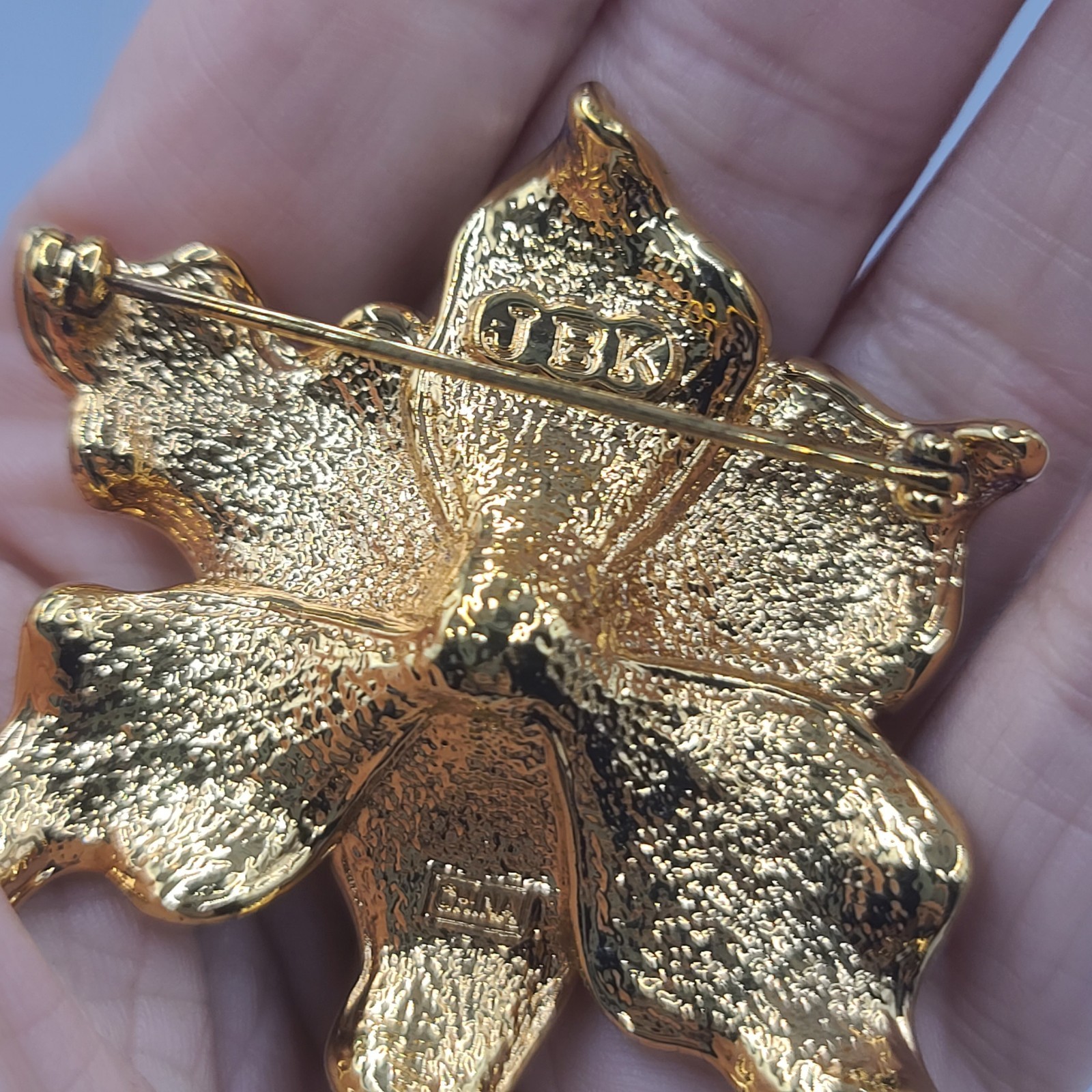 Camrose Kross Brooch Signed JBK Pink Rhinestone Flower Iridescent Sparkles