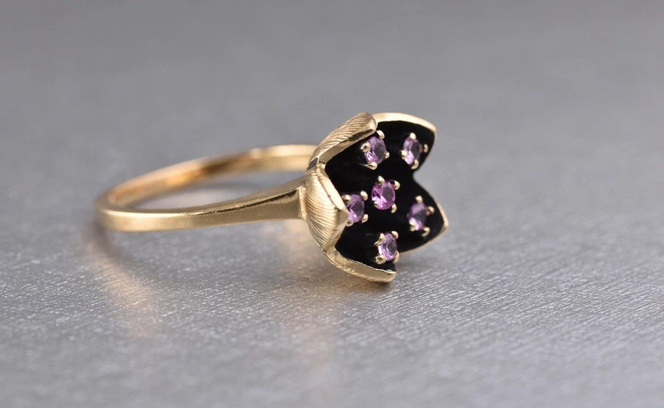 Anillo Buttercup Modernista Oro 10k Raro Talla 7 Zafiros Rosa Lavanda Foto 2 de 4