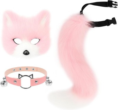 Faux Fur Fox Mask Wolf Cat Fluffy Tail and Leather Necklace Set,Costume Accessor