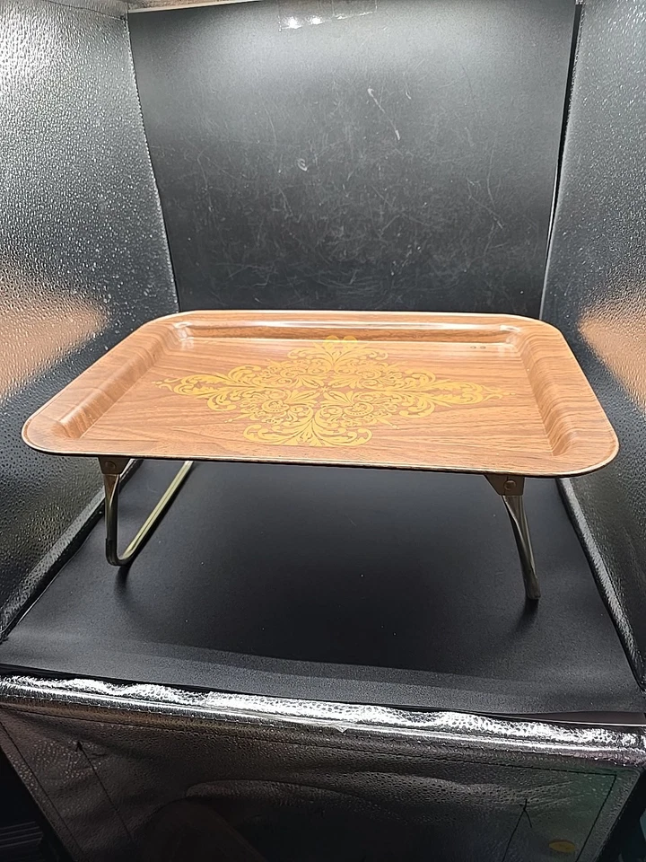 2 Vintage Retro TV Tray Folding Legs Lap Tray Brown Gold Flour De Lis 1970s MCM - Image 2 of 4