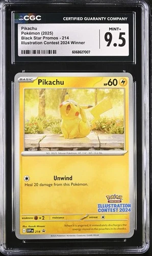 CGC 9.5 MINT+ Pikachu Black Star Promo 214 Illustration Contest Pokemon Card psa