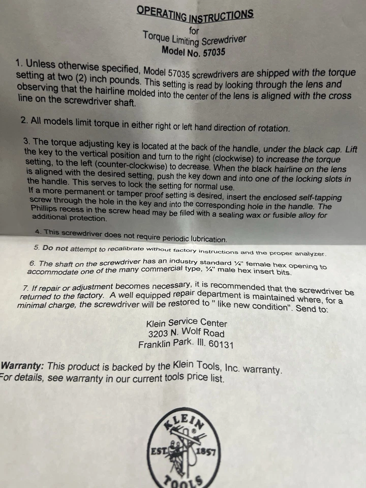 KLEIN TOOLS TORQUE SCREWDRIVER KIT 57034 - Image 4 of 4