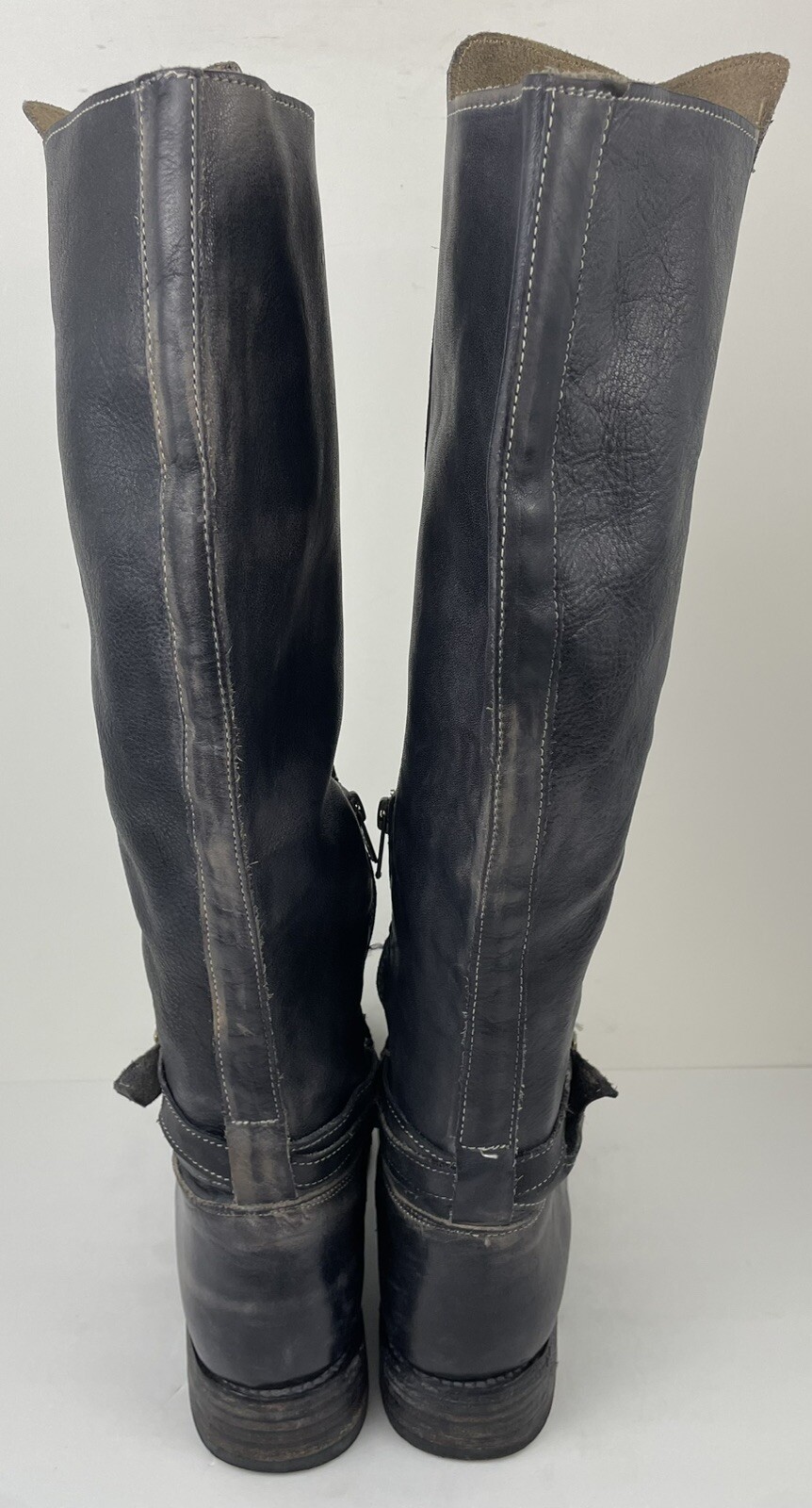 BED STU Black Bovine Leather Boots Distressed Tall Riding Boot Zip Closure 8.5 image 7