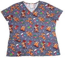 Rudolph The Red Nosed Reindeer Christmas Scrub Top Size L Nurse Uniform V Neck