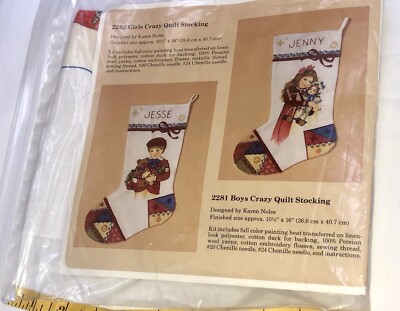 The Creative Circle #2282 Girls Crazy Quilt Stocking Embroidery Kit Vintage 80s