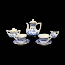 Vintage Blue and White Porcelain Miniature Tea Set Dishes Blue 9 Pieces