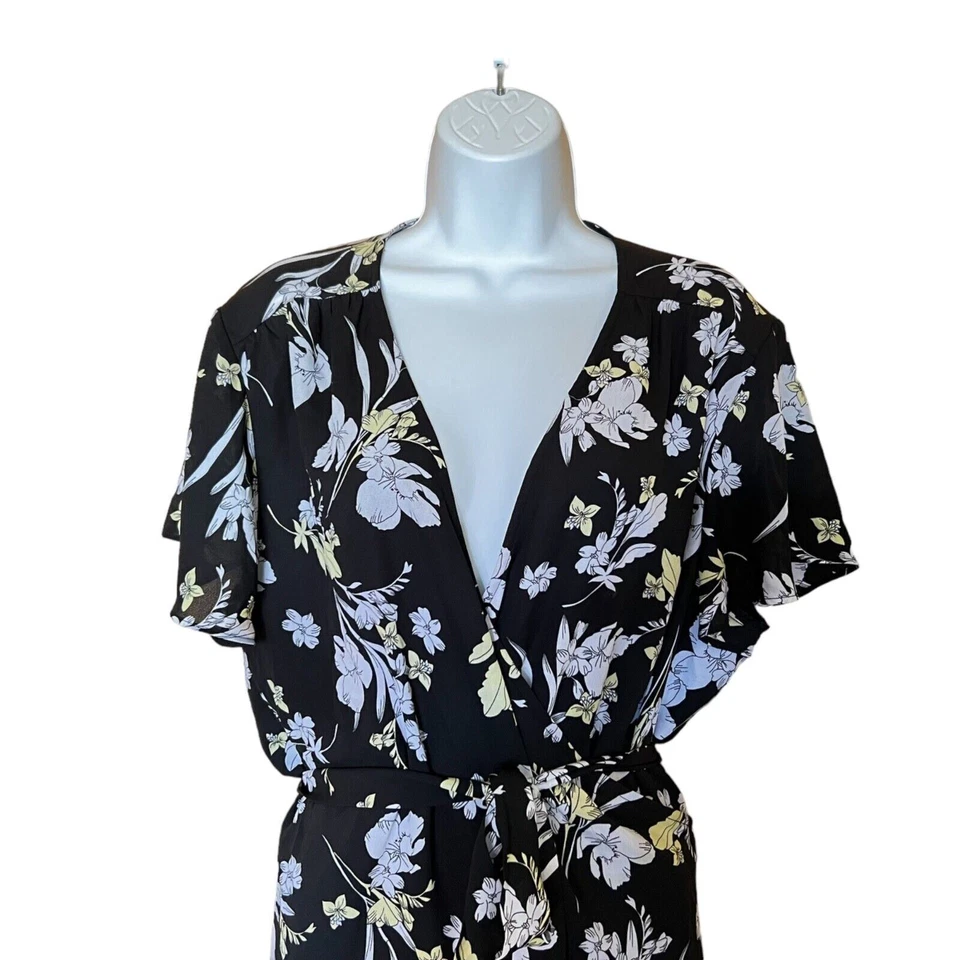 Worthington Womens Plus Sz 2XL Black/White/Yellow Wrap Front Floral Dress - Image 3 of 4