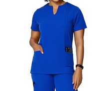 Women Scrub Top Notch Neckline Fitted 7 Pockets Mandala TOP ONLY